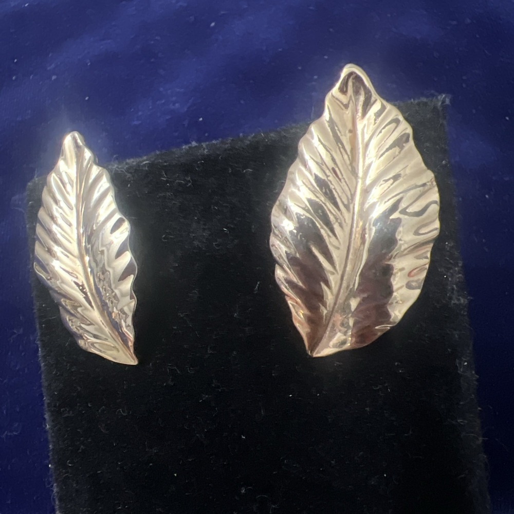 Louis Feraud Paris Vintage Gold Tone Leaf  Pierced Earrings